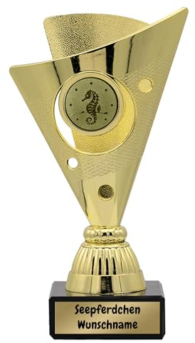 Pokal Seepferdchen mit Gravur und Wunschname, personalisiert, Gold | Abzeichen für bestandene Schwimmprüfung, Seepferdchen bestanden, Geschenk-Trophäe
