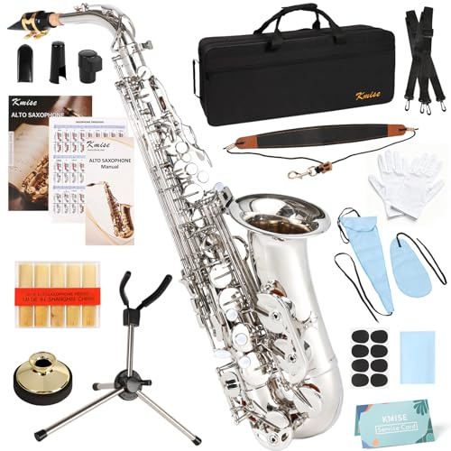 Kmise E Flat Alto Saxophone, Lightweight Saxophones for Students Beginner, Saxofon Full Kit with Portable Case, Sax Stand, Strap, Reeds, Beginner's Guides, Mute, Cleaning Kit (Nickel Plated)