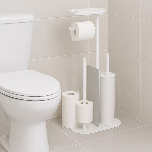 Relaxdays WC Garnitur, HxBxT: 65 x 26 x 17 cm, stehender Klopapierhalter, Klobürste, Ersatzrollenhalter, Ablage, weiß