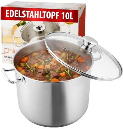 MAGIC HOME Edelstahl Kochtopf 26 cm 10 L mit Glasdeckel | INDUKTION | Großer Topf, Suppentopf, Deckel | 26cm | Hochwertiger Bratentopf | Alle Herdarten | Induktionstopf | Eintopf Gulasch | Tief |Chloe