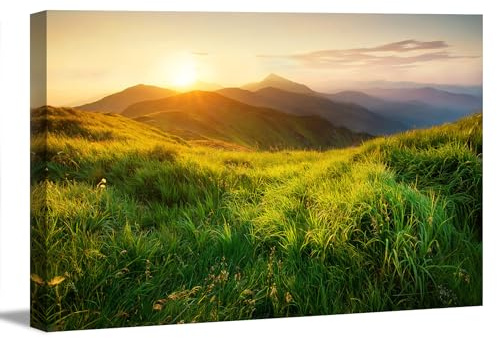 Visario Wandbild Sonnenuntergang Berge 120x80 cm 5011 Leinwandbild Natur Landschaft Panorama auf Holzrahmen gespannt Kunstdruck Berglandschaft Wanddeko Wohnzimmer Schlafzimmer Büro Flur Dekoration