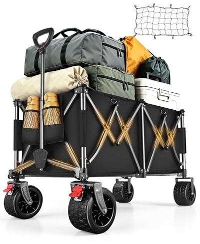 YEAUPE PRO rullvagn vikbar i 4 riktningar med sidoöppning, 260 l 150 kg lastbar, vikbar rullvagn med parkeringsbroms och höjdjusterbart handtag för strand, camping, trädgård, svart