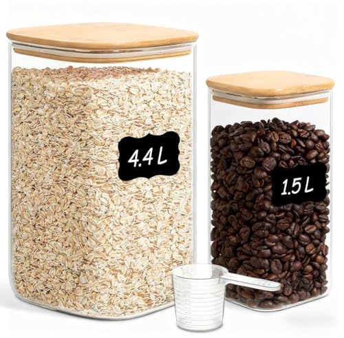 ComSaf förvaringsburkar i glas med bambulock, 1,5 L–4,4 L, 2-pack | fyrkantig och kompakt, müsli i lösvikt, paranötter, majsmjöl, smidig förvaring, för skafferi och kök