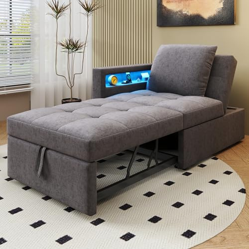 Fppuueg Sofá Cama Convertible Sillón Cama Plegable 3 en 1 con LED y Puerto de Carga, para Dormitorio Salón, Sofa Cama 1 Plaza con Respaldo Ajustable 5 Posiciones y Almohada, 177x68x65 cm, Lino, Gris C