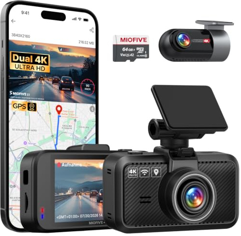 Miofive Dashcam für Front- und Rückkamera 4K/4K, GPS, WiFi, Bluetooth, 3-Zoll-IPS-Display, Nachtsicht, Loop-Aufnahme, HDR, App-Steuerung und unterstützt bis zu 512 GB mit einer kostenlosen 64-GB-Karte