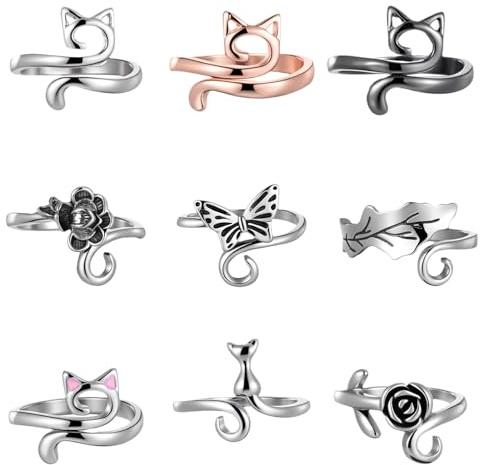 TIESOME 9 Stück Verstellbare Häkelringe Finger, Metall Katze Häkelzubehör Vintage Crochet Rings für Strick- und Häkelarbeiten (Silber, Schwarz, Rosa)