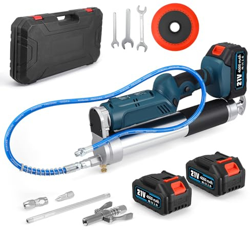 TLPEMN Pistola Engrasadora Batería 21V 12000PSI, Inalámbrica con 2 Baterías 4.0Ah y Cargador, 600ml Lubricador Eléctrico con LED y Manguera Flexible para Coche, Camión, Tractor y Maquinaria