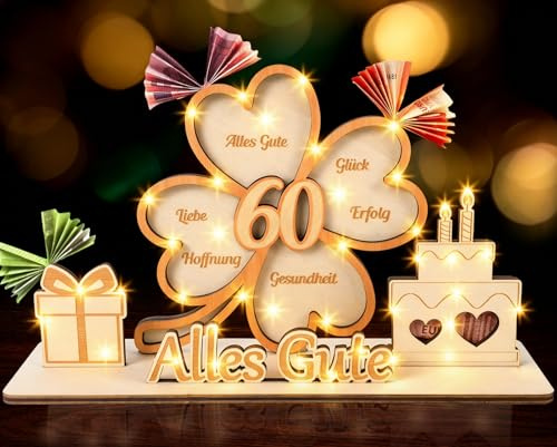 60 Geburtstag Frau - Holz Geldgeschenke Verpackung mit Lichterketten & Grußkarte, Geschenk & Deko zum 60 Geburtstag Frau, Geburtstagsgeschenk für Männer 60 & Frauen 60