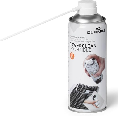 Durable Druckgasreiniger Powerclean Invertible (Druckgasspray kopfüber anwendbar) 200 ml, 579719 | Druckluftspray mit Sprühröhrchen, kopfüber anwendbar, für PC Gehäuse und Tastaturen, zur Reinigung empfindlicher EDV Geräte