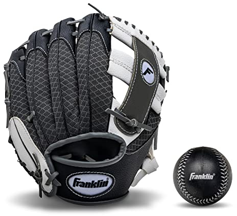 Franklin Sports Kids Baseball Gloves - Meshtek Child's Tball Glove + Ball Set - Boys + Girls Teeball Mitt Set - Kids + Toddler - Right Hand Throw - 9.5,Black/Graphite/White