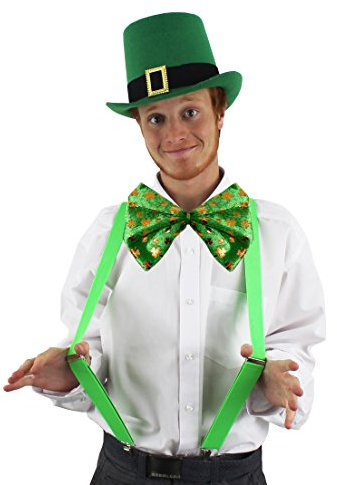 GRÜNER LEPRECHAUN HUT MIT SCHWARZEM BAND UND GOLDENER SCHNALLE & NEON GRÜNE BREITE HOSENTRÄGER= VON ILOVEFANCYDRESS®= TOLLES ZUBEHÖR FÜR VERKLEIDUNGEN ALS KOBOLD ODER IRISCHER GLÜCKSBRINGER ODER AN ST.PATRICKs DAY= ERHALTBAR EINZELN ODER IN EINEM ||PACK MIT 2 HÜTEN & 2 HOSENTRÄGER || PACK MIT 4 HÜTEN & 4 HOSENTRÄGER || PACK MIT 6 HÜTEN & 6 HOSENTRÄGER ||FLIEGE NICHT ENTHALTEN