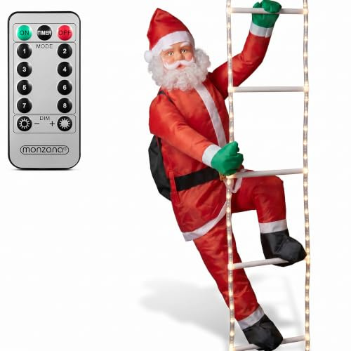 MONZANA LED Weihnachtsmann Leiter XXL In-/Outdoor Timer | 240 cm, 8 Leuchtfunktionen,100 LEDs, Fernbedienung, dimmbar, Santa Claus, Nikolaus, Weihnachten, Figur, Deko