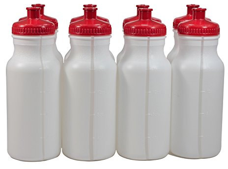 Pinnacle Mercantile Sports Squeeze Plastic Water Bottles Push/pull Cap 20 Ounce Bpa-free Set 8 (Red Cap)