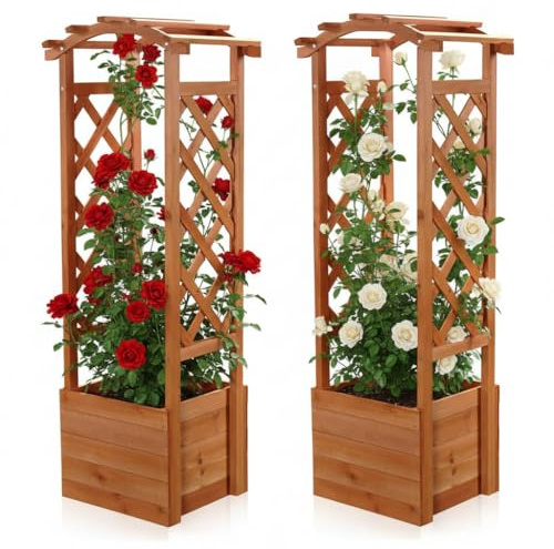 Melko Rankhilfe Pflanzkasten mit Rosenbogen 2-teilig 48x39x129,5 cm Holz | Spalier für Kletterpflanzen wie Rosen, Efeu und Clematis, wetterfestes Fichtenholz im Landhausstil, Hellbraun, für Garten
