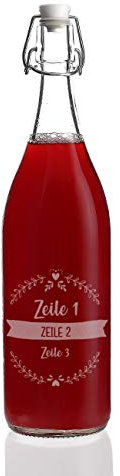 Herz & Heim® Bügelflasche aus Glas mit Gravur in verschiedenen Schriften 3 Zeilen graviert