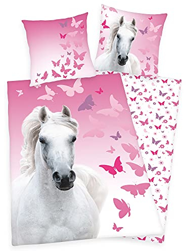Herding Bettwäsche mit Pferd, weißer Schmetterling, 135 x 200 cm, 80 x 80 cm