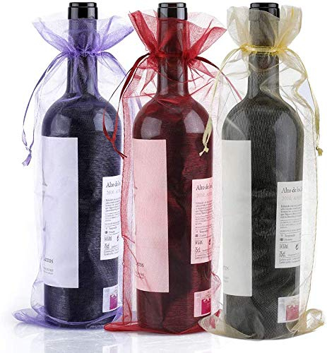 30 Stück Bunte Organza Weintasche, 14x37CM Weinflasche Geschenkbeutel, 750ML Wein Organzabeutel mit Kordelzug für Wein Champagner Hochzeit Weihnachten Party