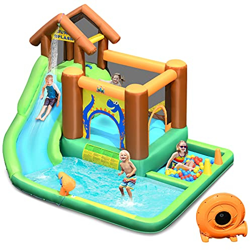 COSTWAY Parque Acuático Inflable con Tobogán, Tobogán Inflable en Tejido Oxford con Piscina Pared para Escalar Hidrante de Agua Casita Piscina con Pelotas, con Compresor