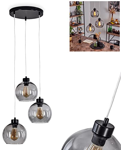 Pendelleuchte Andeer, moderne Hängeleuchte aus Metall/Glas in Schwarz/Rauchfarben, runde Pendellampe mit Schirmen aus Echtglas/Rauchglas (Ø 20 cm), Höhe max. 114 cm, 3-flammig, E27, ohne Leuchtmittel