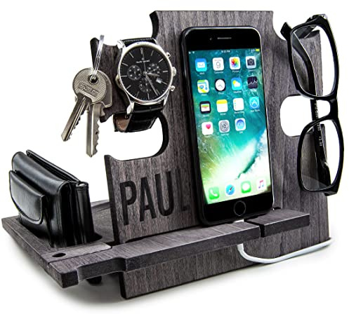 Regalo per Uomini, Docking Station in Legno, Organizzatore da Scrivania per Lui - Idea Regalo per Uomo, Svuota Tasche Personalizzzato, Svuotatasche, Regalo San Valentino, Regali Natale (GRIGIO)
