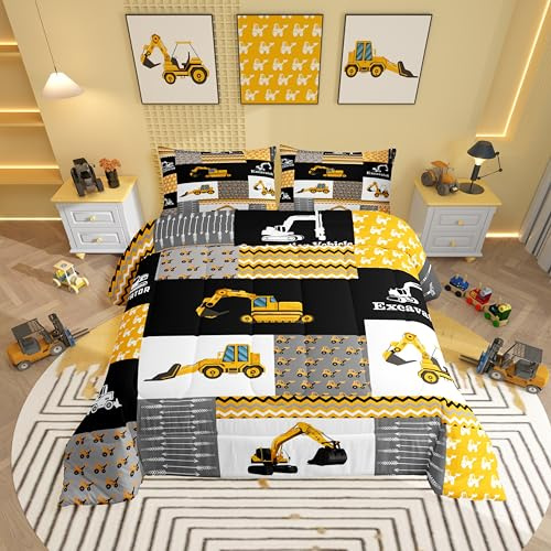 Feelyou Excavator Comforter Construction Vehicles Comforter Set Equipment Trucks Bedding Set for Children Kids Boys Girls Cartoon Car Duvet Set Geometric Lattice Room Decor Quilt Set Queen Size