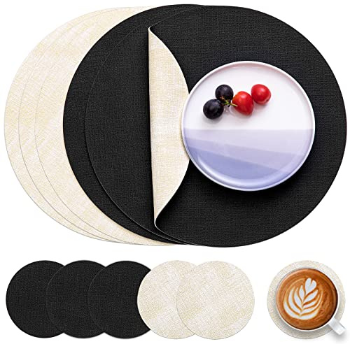 Myir JUN Tischsets abwaschbar Leder und Untersetzer doppelseitig Platzset | Platzset Rund Ø 36cm 6er Set rutschfest Glasuntersetzer Platzdeckchen Kunstleder Tischset (Cremeweiß Schwarz, 6er Set)