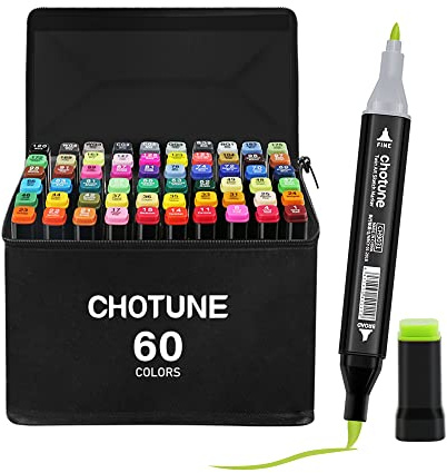 CHOTUNE Alkohol Marker Set, 60 Farben mit Weicher Bürste und Feiner Doppelter Spitze, Sketch Zeichenmarker zum Skizzieren und Illustrieren mit Schwarzer Handtasche und Basis