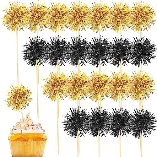 Lot de 80 décorations de cupcakes dorées en forme de feu d'artifice pour décoration de fête, pique-nique, bar, anniversaire, vacances (noir, doré)