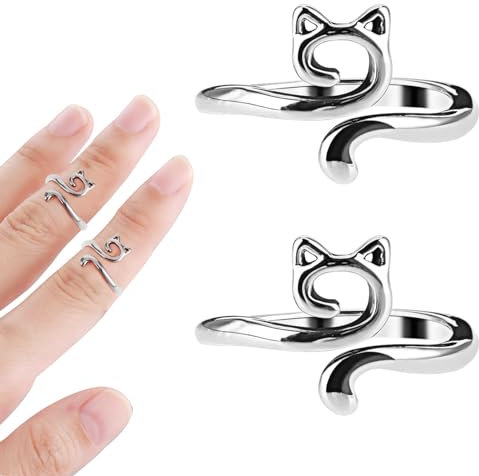 Sibba Häkel-Finger-Spannringe 2 Stück zum Häkeln Stricken Garnhalter Verstellbar Vielseitig Katzenmuster Führungsschlaufe Geflochten gestrickt Weben Strickregler Dekorieren von Fingern (Silber)