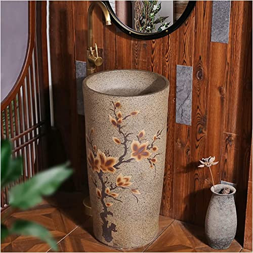 Vanity Unit with Basin,Bathroom Basin Sink with Full Pedestal, Pedestal Sink Handcrafted Ceramic wash Basin Pedestal washbasin Kaolin Clay Round Freestanding Sink with Drain & Fauc