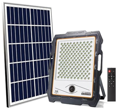 M Ledme - Foco Proyector Led Solar Con Cámara Jeff 200W, luz fría (6000k), Sensor de movimiento/crepuscular, 1080P, Impermeable IP67, 1840lm, Control remoto con App, Para Patio, Jardín, Camino.