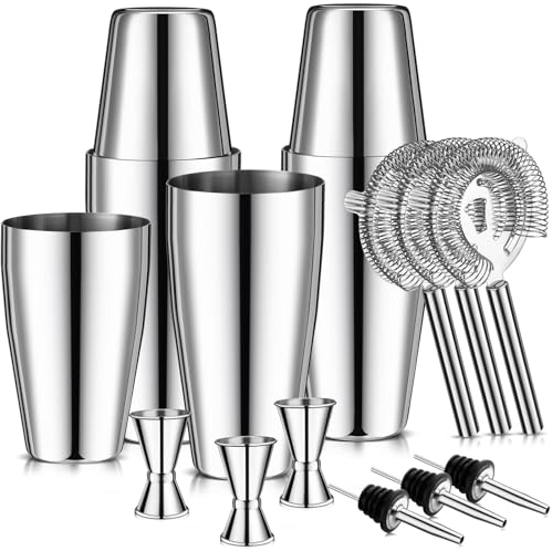 FoldTier 15 Pcs Cocktail Shaker Set Bartender Kit Boston Shaker Professional Bar Gifts with 18oz and 28oz Stainless Steel Martini Shaker Drink Mixer Strainer Measuring Jigger Alcohol Pourer