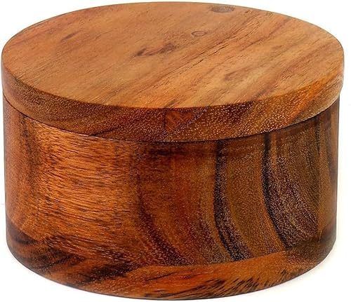 Kimona Salt & Pepper Shaker Acacia Wood Salt & Spice Box with Swivel Cover, Secure Durable Storage & Organization for Seasonings, Herbs (8.89cm x 8.89cm x 6.35cm)