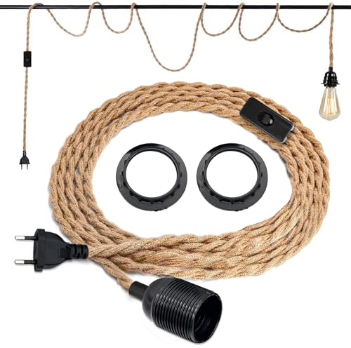 BYZESTY Hanging Kit di Lampade In Corda di Canapa, 3 m Portalampada E27 con Spina E Interruttore, Testa Singola Lampada a Sospensione Cavo Edison Retrò Lampada per DIY Portalampade a Decor