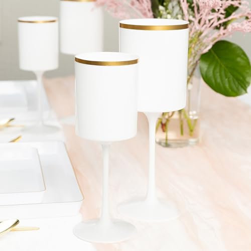 PLASTICPRO Weinkelche aus Kunststoff, 266 ml, Einweg-Weingläser mit Stiel, wiederverwendbare Hartplastik-Trinkgläser für Partys, Hochzeiten, Weiß mit Goldrand, 10 Stück