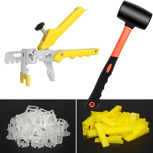 SDLDEER Tile Leveling System 1.5mm 300Pcs Tile Spacers Leveling Clips 100pcs Resuable Wedges 1 Tile Leveling Pliers and 1 Rubber Hammer, Efficient Tools for Flooring and Tiles