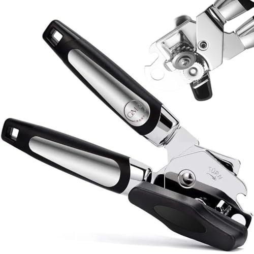 GMR Heavy Duty Stainless Steel Can Opener Manual – Smooth Edge, Comfort Grip – Wine Bottle Openers for Elderly, Arthritis & Weak Hands –Tin Opener Durable Kitchen Tool & Gadget – Black