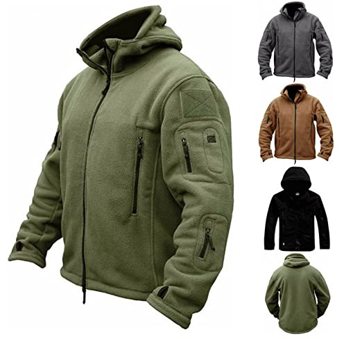 Herren Taktische Jacke Fleece Militär Hoodie Winddichte Übergangsjacke Reißverschluss Jagd Warm Winter Outdoorjacke Winddichte Jacke mit Kapuze (Grün, L)