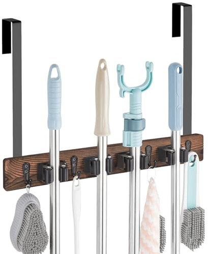 GkgWuxf Wall Holder for Brooms Mops,Wooden Mop Holder Wall Mount with Hooks | Broom Rack Shovel Handle Cleaning Tools Storage Solution Adhesive for Kitchen Bathroom