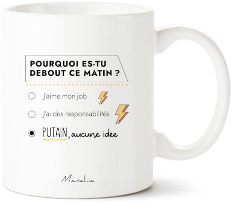 Manahia - Mug Pourquoi debout ce matin - Cadeau Humour entre Potes | P*** aucune idée - Tasse drôle café, bureau, collègue, ami, Secret Santa, Noël - Boîte cadeau kraft - Imprimée en France