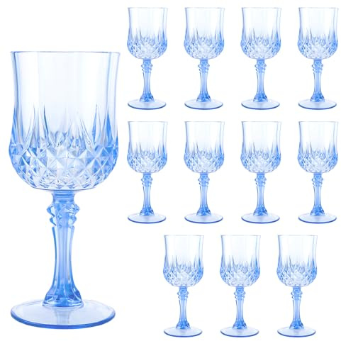 Oungy 12 Stück Weingläser Kunststoff 200 ml, Blau Weinglas Kunststoff, Camping Weingläsers mit Prägung Relief, Weinglas Camping mit Stiel, Wiederverwendbar Weingläser Set, Plastik Weingläsers