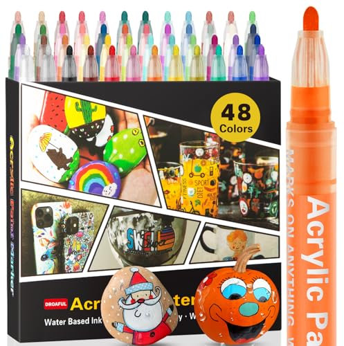 Droaful Pennarelli acrilici, Pennarello acrilico 48 colori impermeabili, per pittura su roccia, graffiti, pietra, ceramica, vetro, legno, tessuto, tela, porcellana, metallo, zucche, a base d'acqua