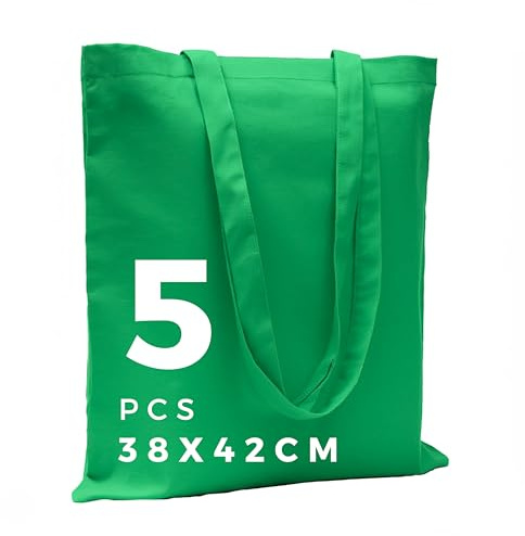 POLHIM® Högkvalitativ tygpåse – påse för tvätt, sport, shopping, mat – miljövänlig, återanvändbar jutepåse – otryckt 38 x 42 cm, 145 gr/m2, 5 stycken, Grön, 38 cm x 42 cm x 0.1 cm