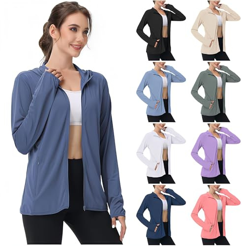 BFSWL Ropa de protección UV para mujer, chaqueta de manga larga transpirable de verano, sudadera con capucha de protección solar, chaqueta deportiva, protección UV, camiseta deportiva, chaqueta de