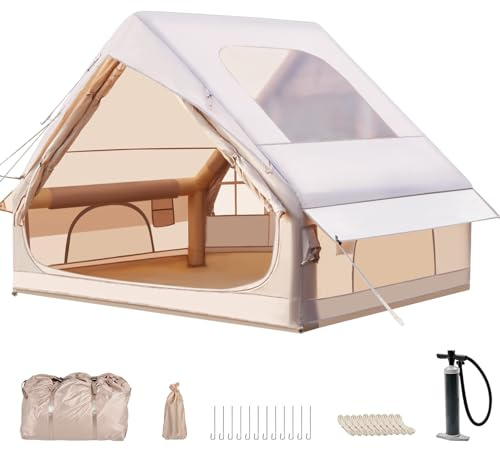 Tente gonflable avec cheminée et fenêtre de toit, tente d'extérieur pour 2 à 10 personnes, avec pompe à air (grande fenêtre de toit, 2 à 4 personnes, 300 cm x 210 cm x 200 cm)