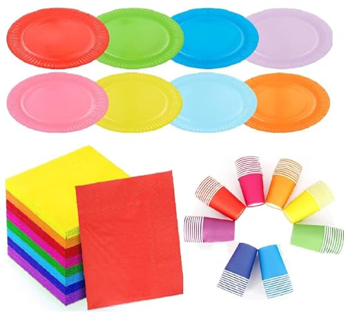 Generisch 120pcs Bunte Party Papierteller, bunte Regenbogen Party Geschirr Set, Papierteller, Tassen, Servietten, Wegwerfplatten Zubehör Packen für für Feiertage Hochzeit Geburtstag Dekorationen
