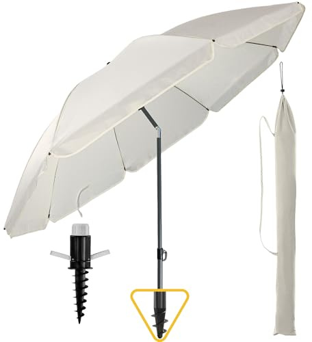 Menz Sonnenschirm Strand 3-IN-1 Set, Beige - Strandschirm windfest stabil Ø 180 cm, praktischer Sonnenschirm Strand mit UV-Schutz 80+, Strandschirm mit Bodenhülse & Schutzhülle
