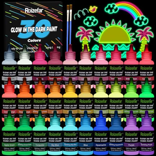 Roizefar Nachtleuchtende Farben, 30x20ml Wasserfeste Acryl Textilfarbe | Gow in the Dark Farbe, Fluoreszierende Farbe DIY Leuchtet im Dunkeln ideal für T-Shirt, Leinwand, Halloween, Weihnachten