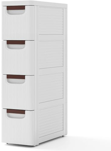 FANTASK Schmaler Nischenschrank, 42 x 19 x 74 cm, Nischenregal mit 4 Schubladen, Nischenwagen 20cm breit mit Rollen, Badschrank für Bad, Klassenzimmer, Studio & Salon (Weiß)