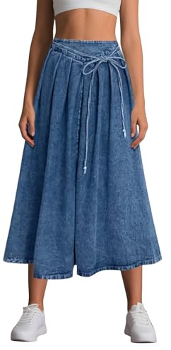 Jupe Jean Femme Taille Haute- Jupe Mi Longue Décontracté avec Cordon De Serrage Couleur Unie Vintage Y2K Coupe Ample Fluide Grande Taille Chic Et Élégants Passe-Partout Streetwear Skirts